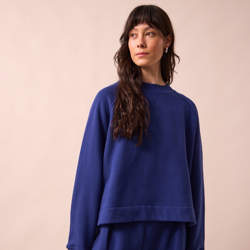 Beyond Nine Noa Fleeceback Jersey boxy sweater, French Blue, size S (can fit L!)